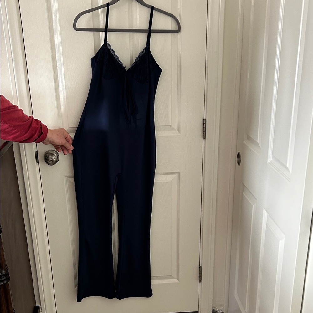 Source Unknown Navy Blue Lace Trim Pantsuit, Size L, Never Worn